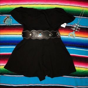 black romper off the shoulder